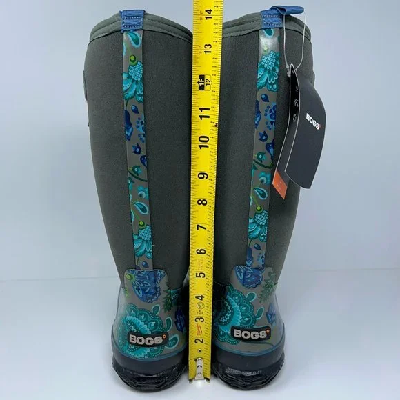 Bogs Womens Classic Winter Blooms Boots Blue Gray Floral Mid Calf Pull On 6 New